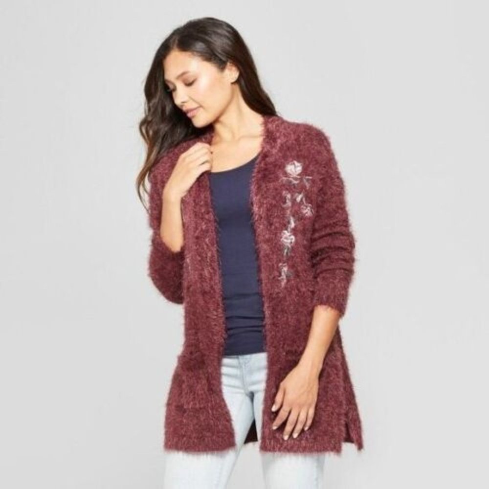 Knox Rose Floral Embroidered Long sleeve Open Front layering Mauve Cardigan, M